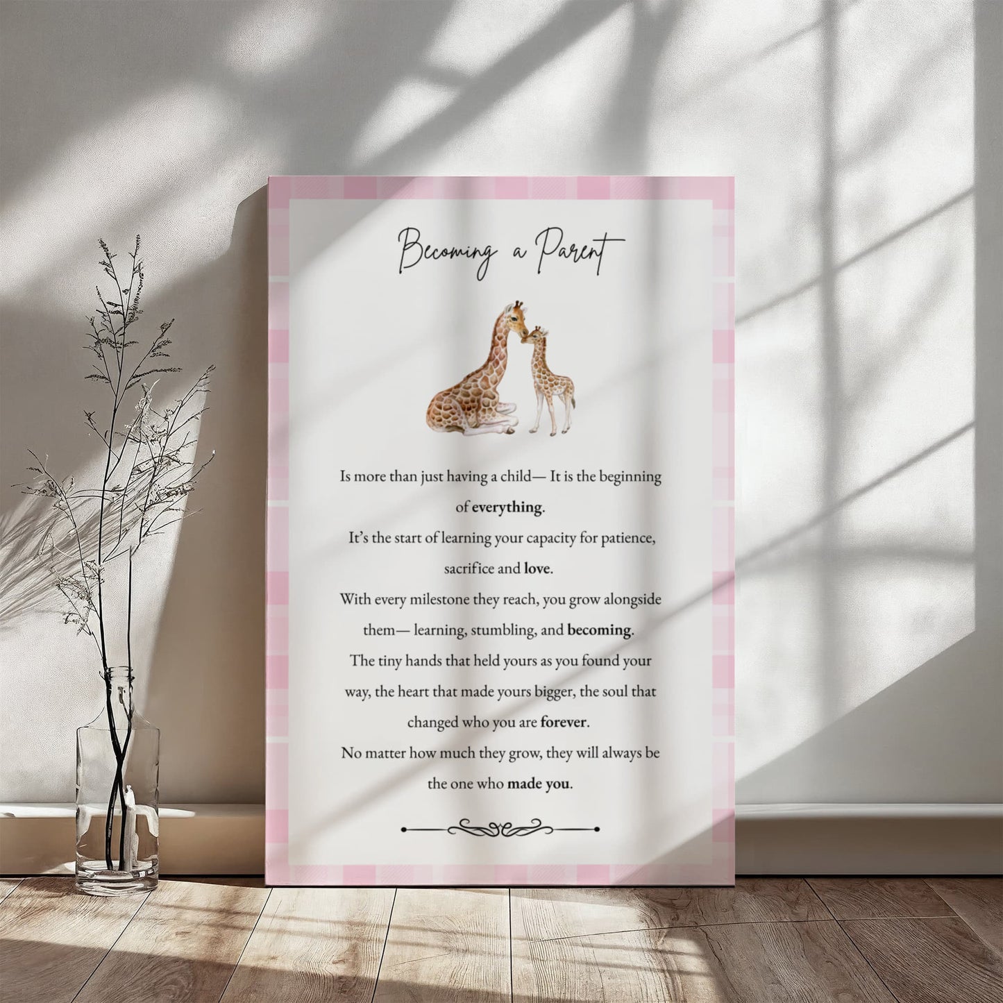 Gallery Wall Canvas - Becoming a Parent (Giraffe Pink Plaid)