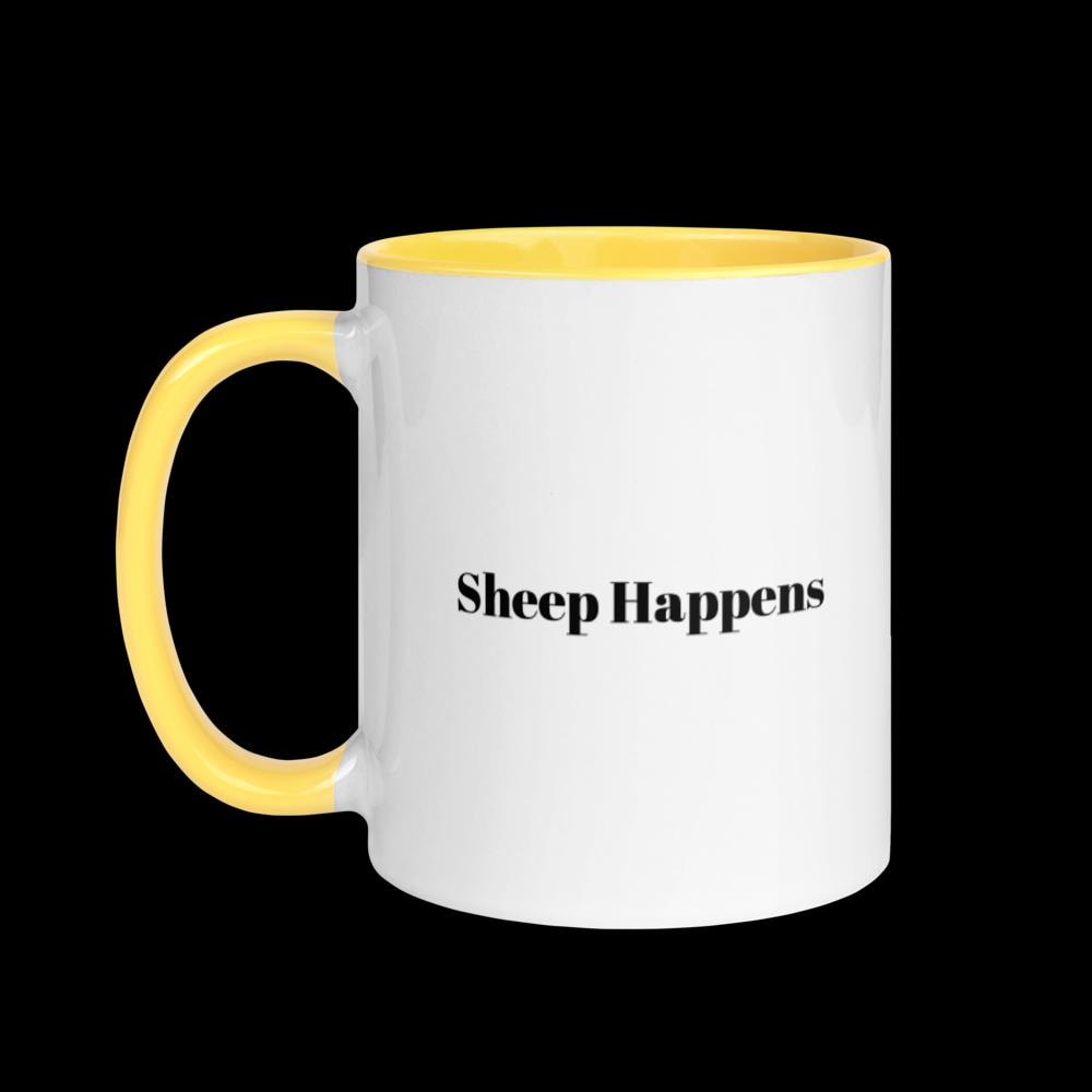 Mug - Sheep Happens - Gift for Sheep and Pun Lovers (White & Yellow)
