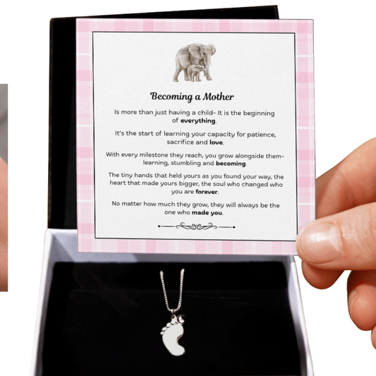 Becoming a Mother – Personalized Footprint Birthstone Necklace with Message Card (Elephant)