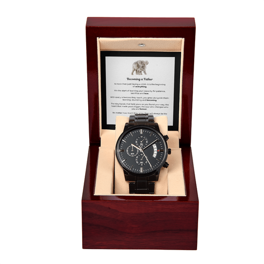Black Chronograph Watch with Becoming a Father Message Card (Elephant)