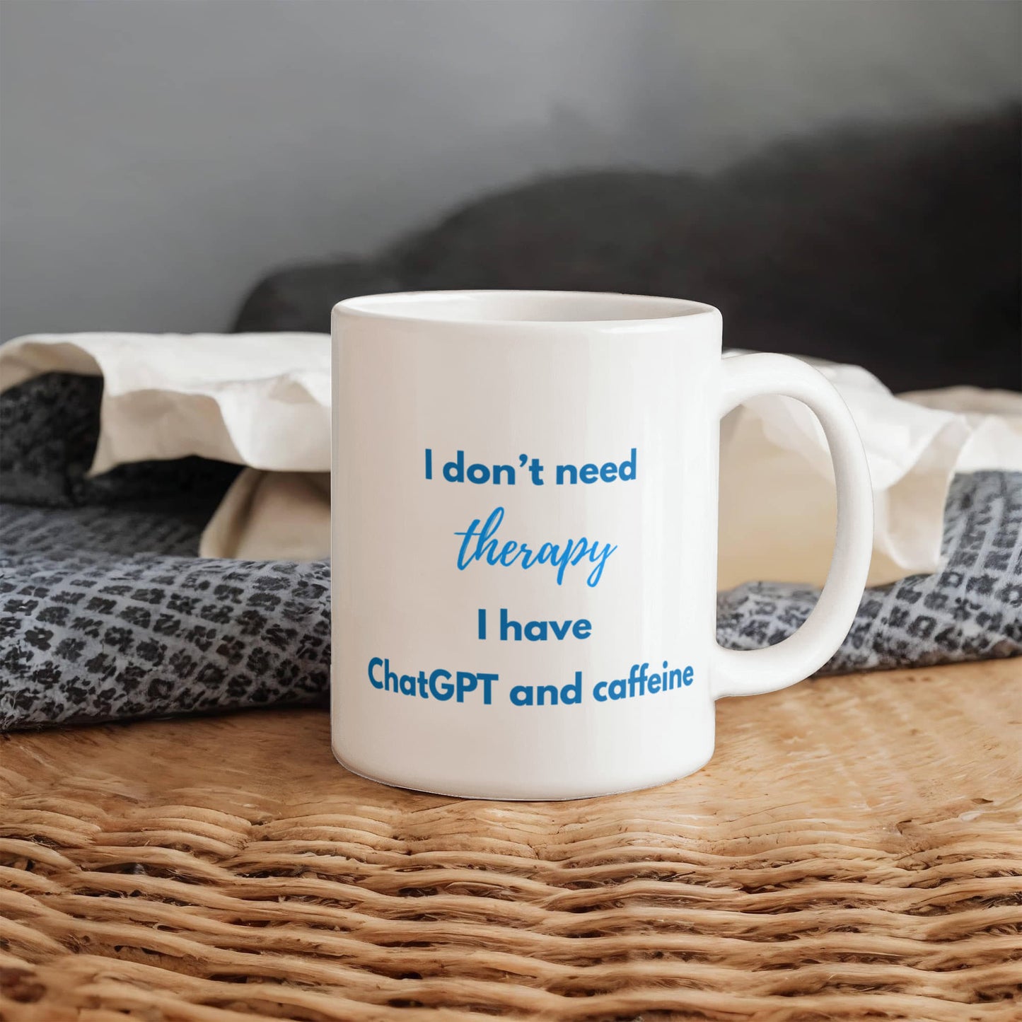 I Don't Need Therapy, I Have ChatGPT and Caffeine Coffee Mug (Nautical Blue)