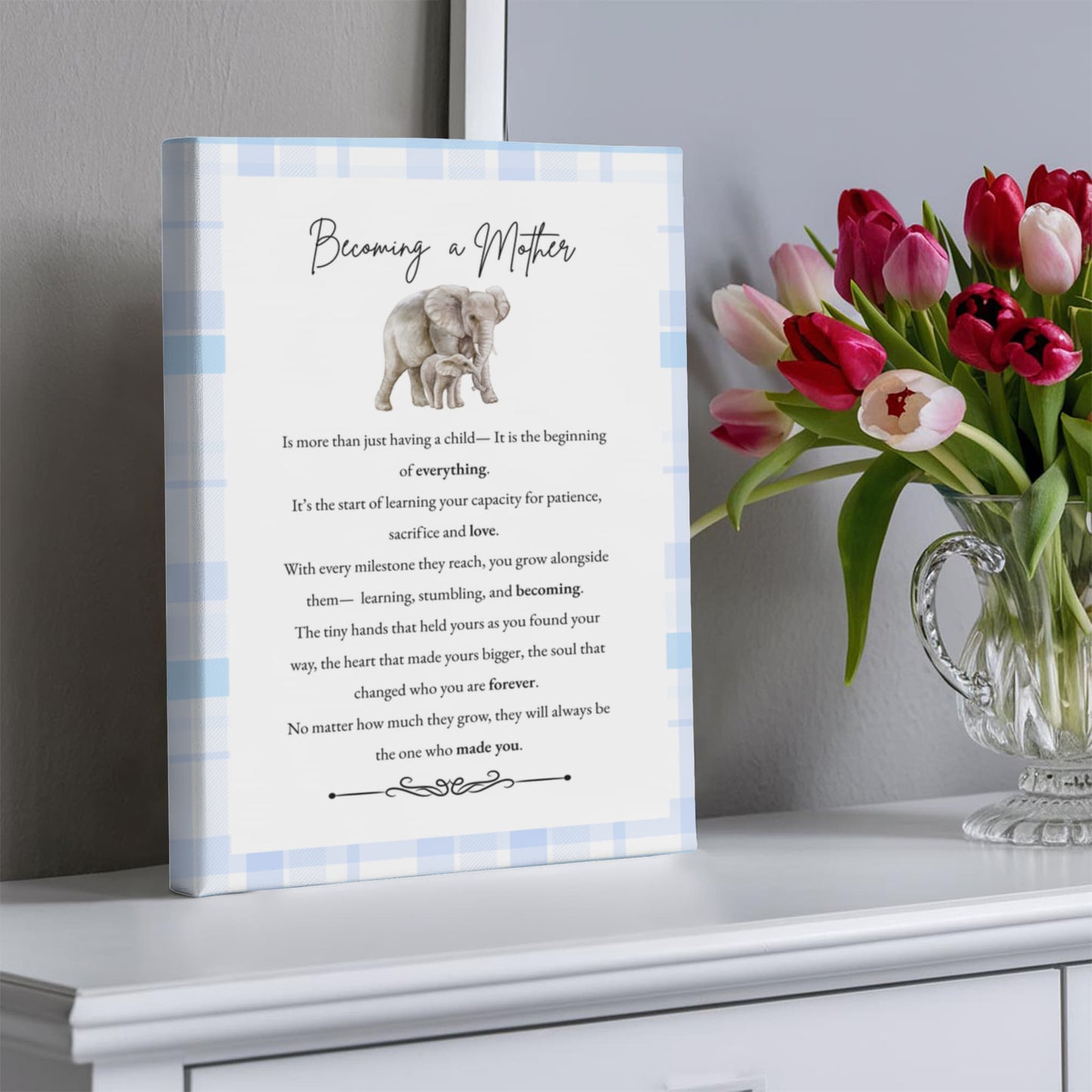 Gallery Wall Canvas - Becoming a Mother (Elephant Blue Plaid)