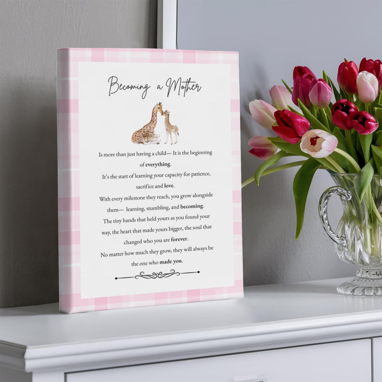 Gallery Wall Canvas - Becoming a Mother (Giraffe Pink Plaid)