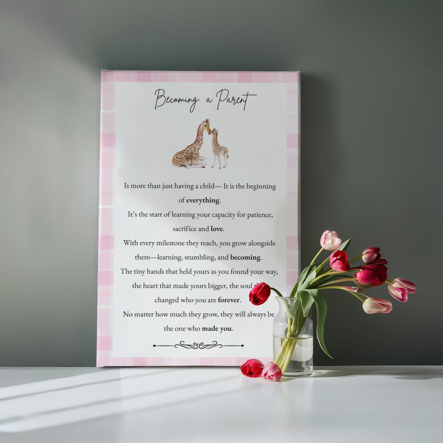 Gallery Wall Canvas - Becoming a Parent (Giraffe Pink Plaid)