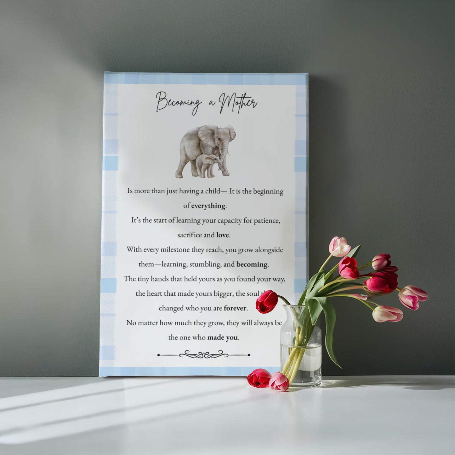 Gallery Wall Canvas - Becoming a Mother (Elephant Blue Plaid)