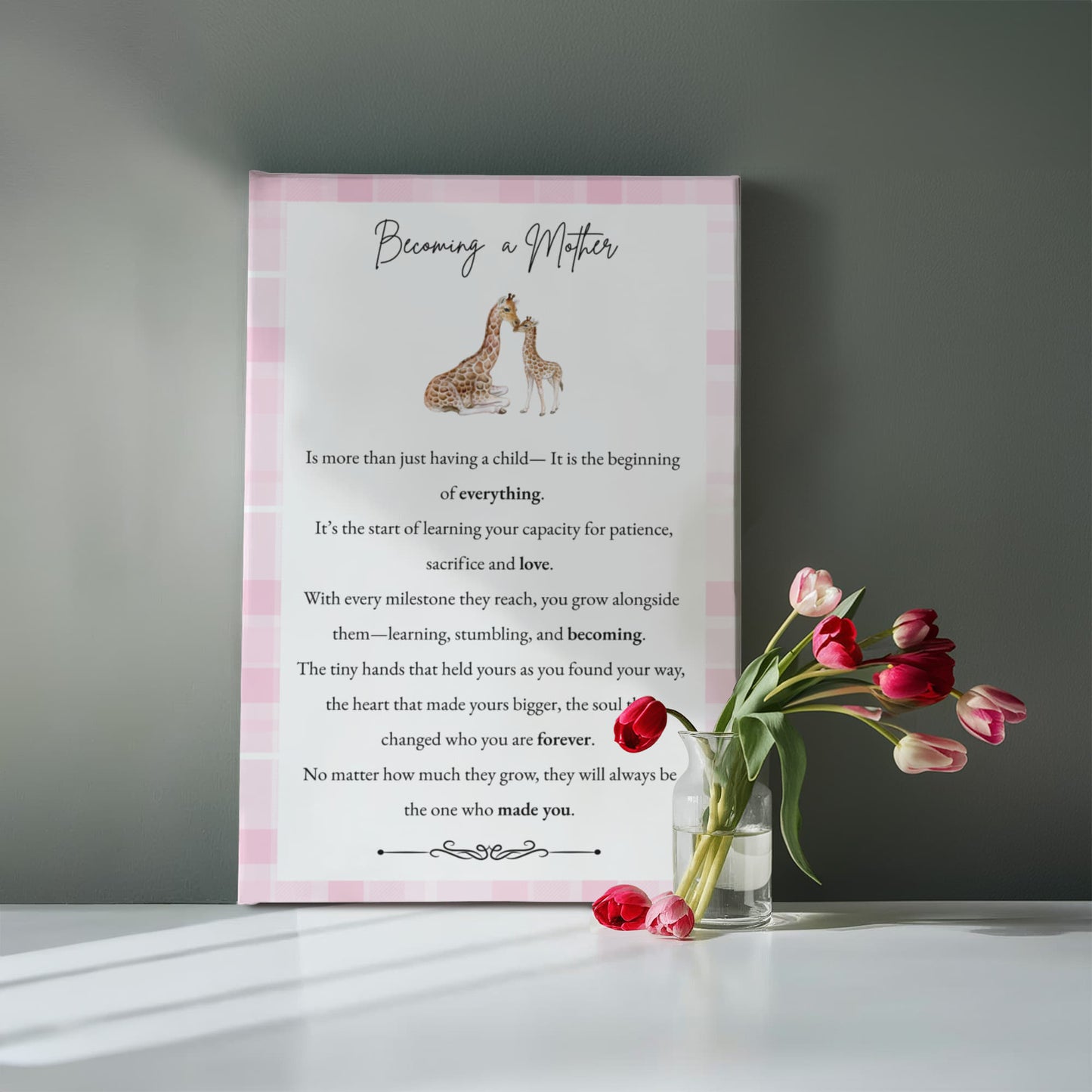 Gallery Wall Canvas - Becoming a Mother (Giraffe Pink Plaid)