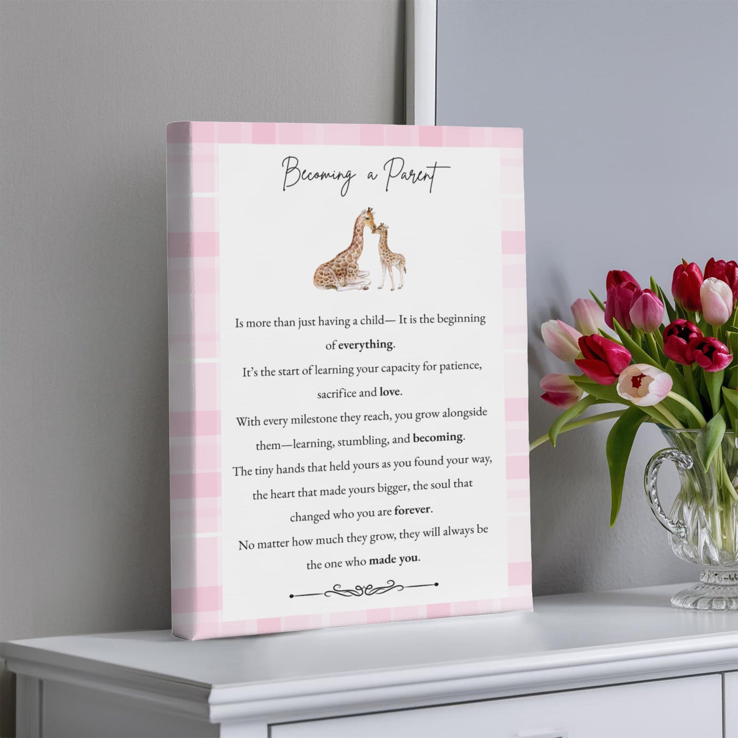 Gallery Wall Canvas - Becoming a Parent (Giraffe Pink Plaid)