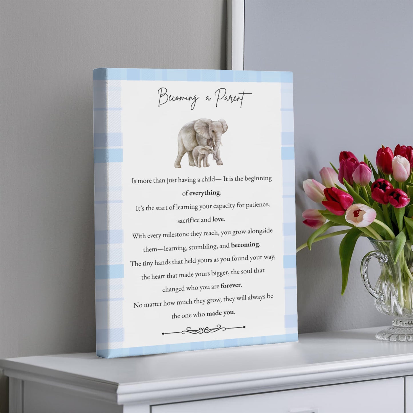 Gallery Wall Canvas - Becoming a Parent (Elephant Blue Plaid)