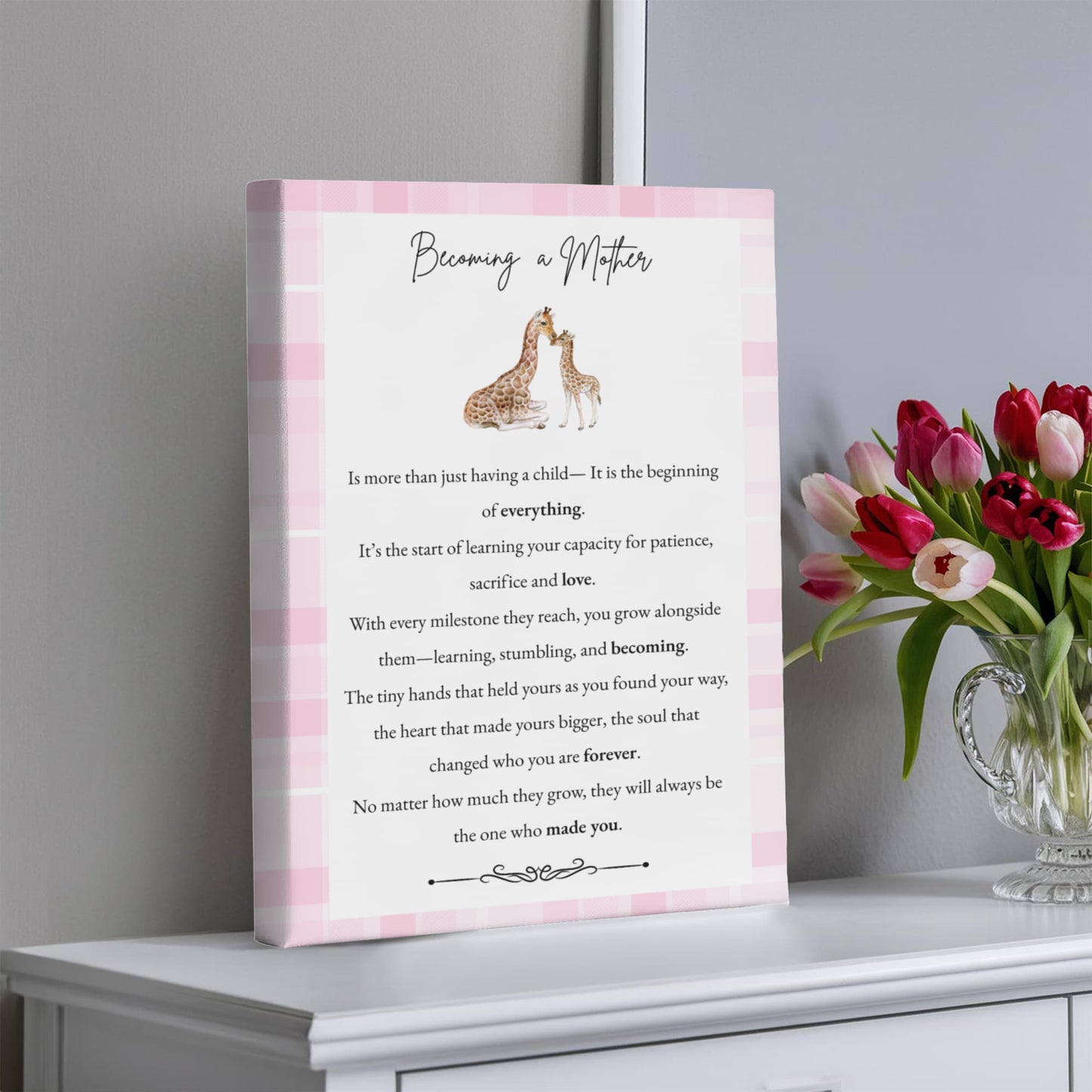 Gallery Wall Canvas - Becoming a Mother (Giraffe Pink Plaid)
