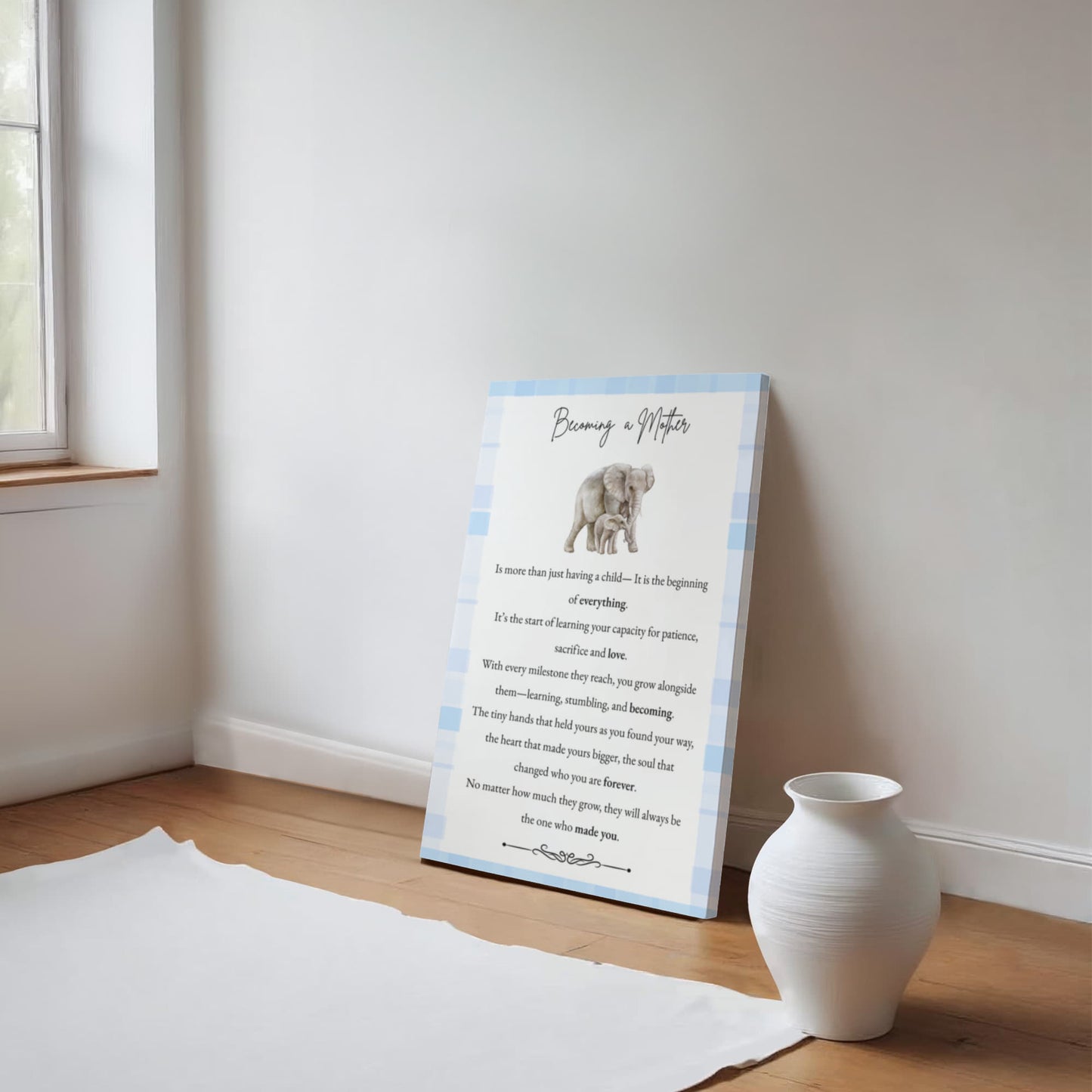 Gallery Wall Canvas - Becoming a Mother (Elephant Blue Plaid)