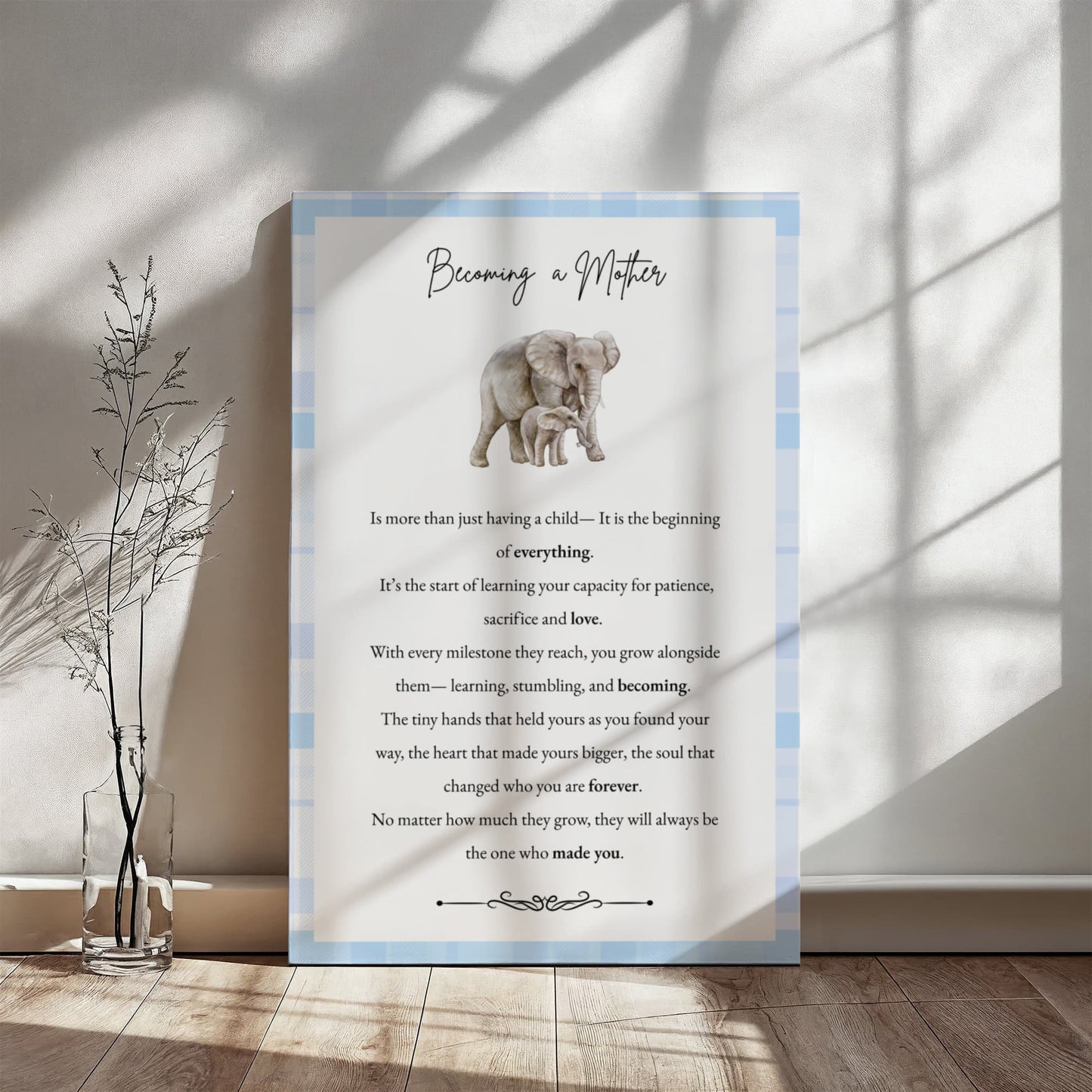 Gallery Wall Canvas - Becoming a Mother (Elephant Blue Plaid)