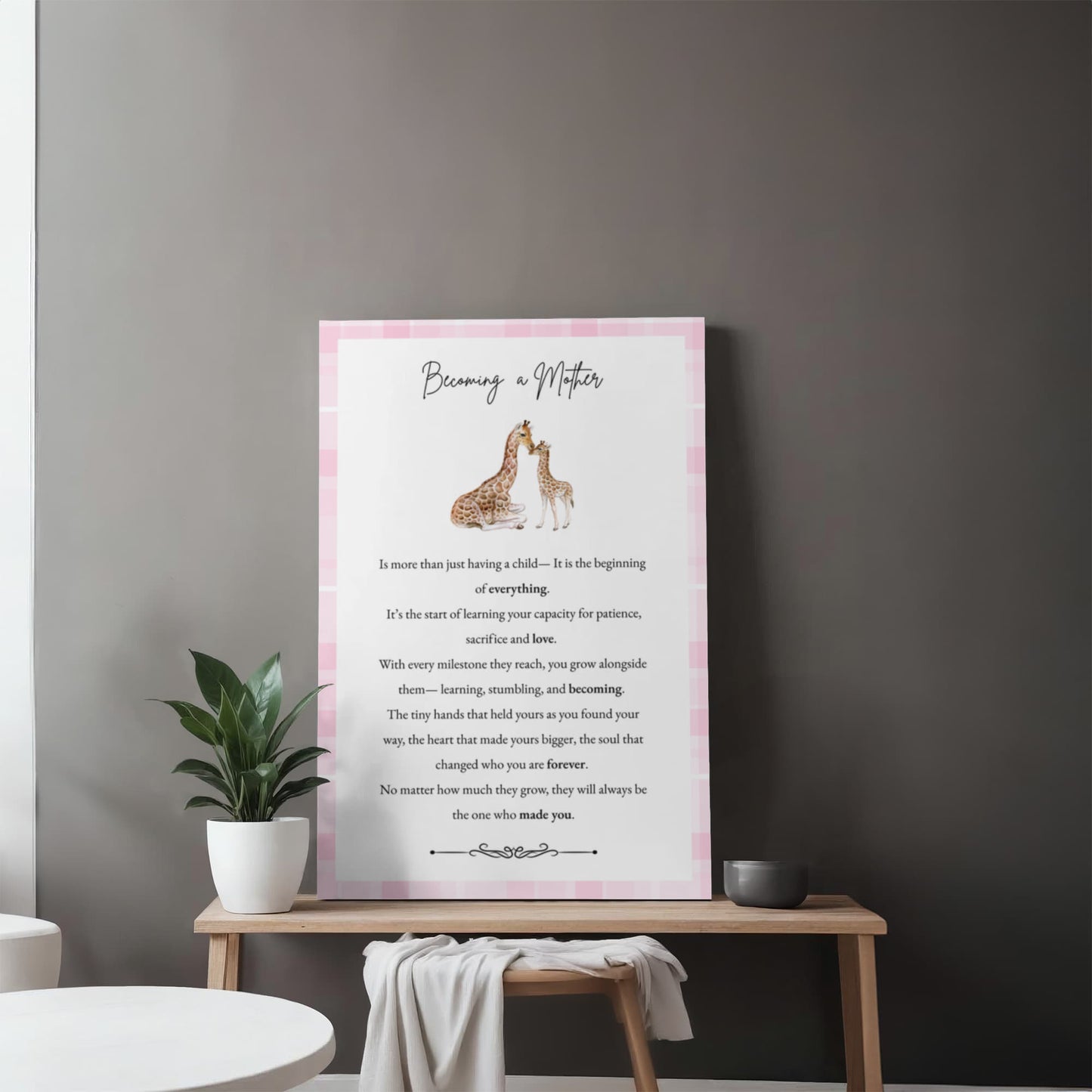 Gallery Wall Canvas - Becoming a Mother (Giraffe Pink Plaid)