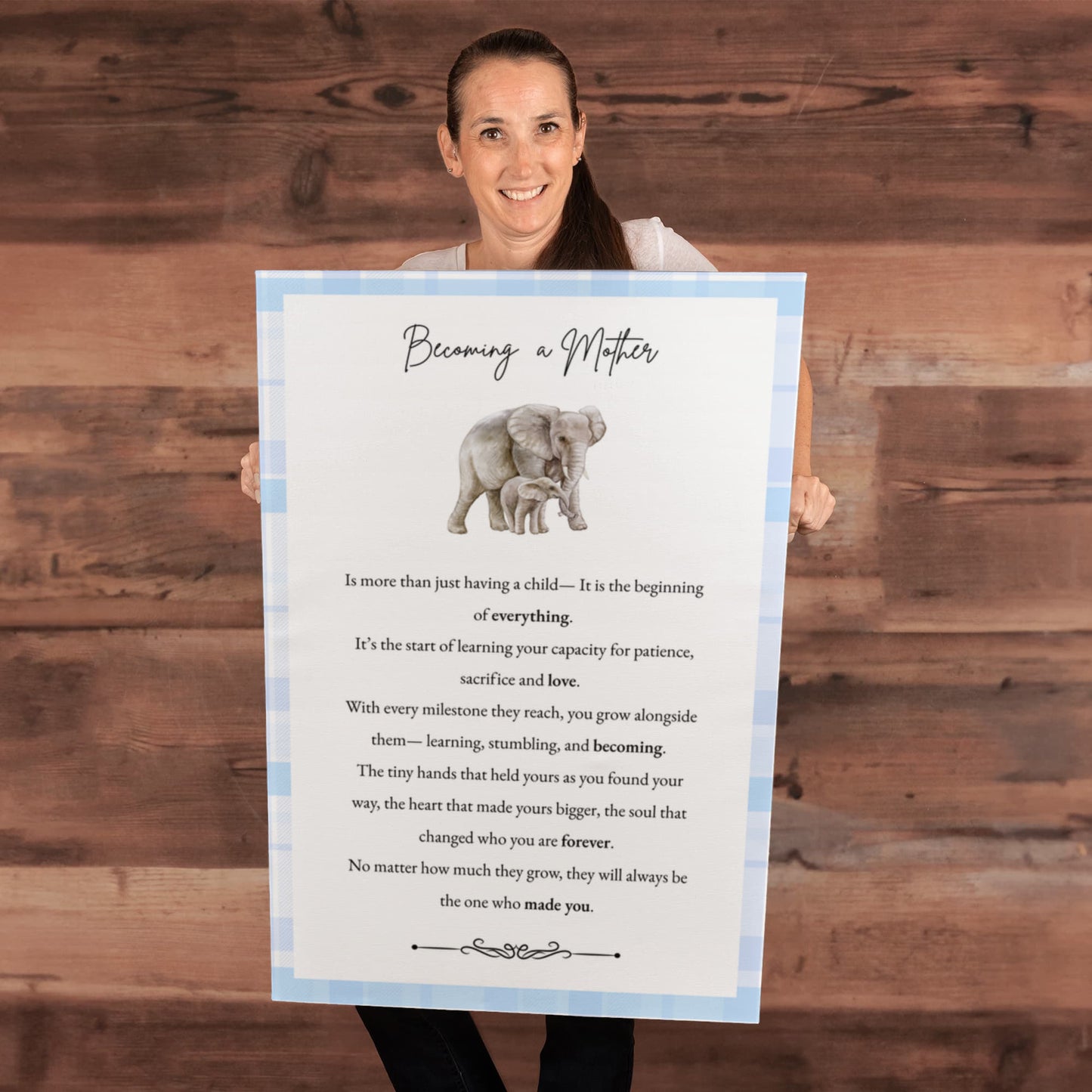Gallery Wall Canvas - Becoming a Mother (Elephant Blue Plaid)