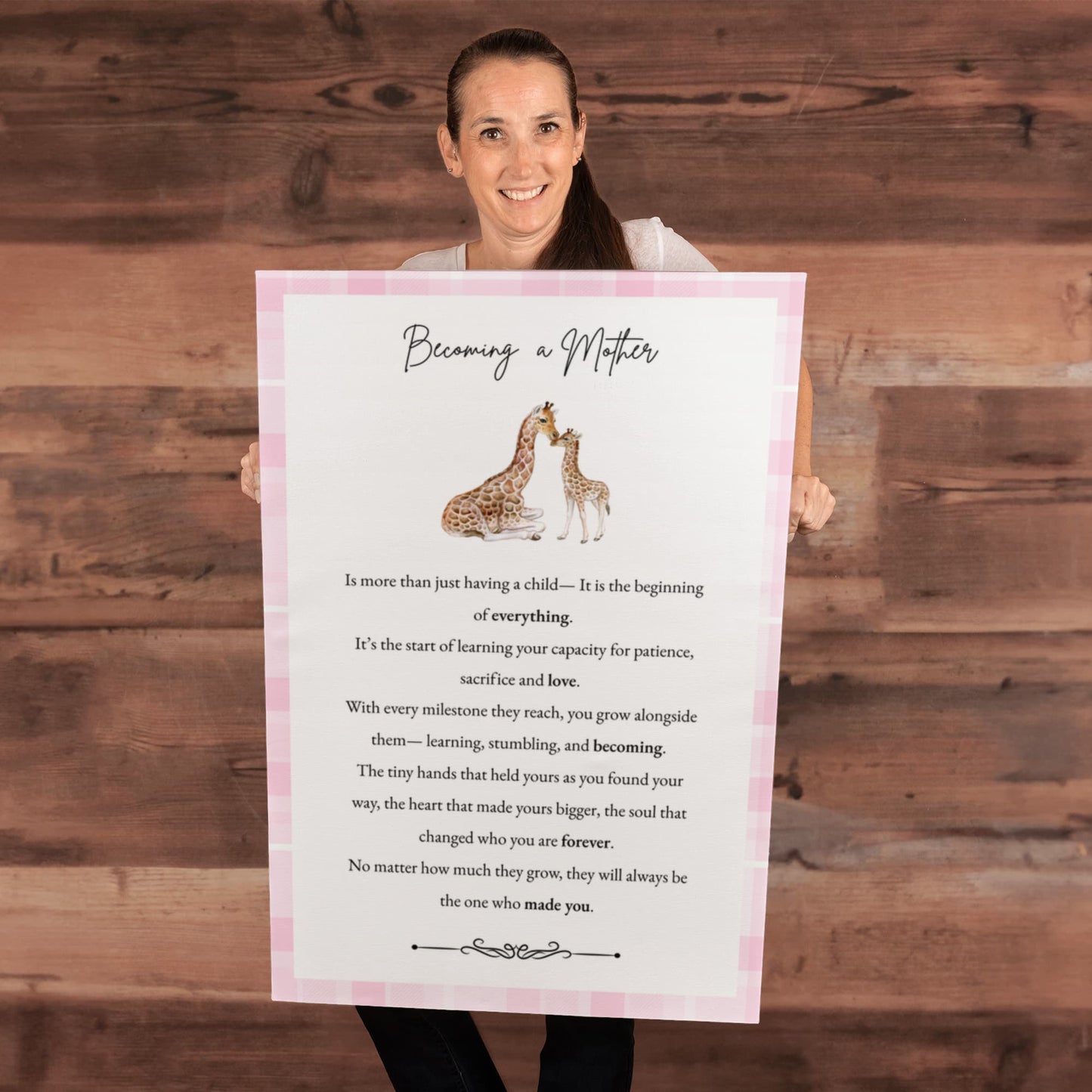 Gallery Wall Canvas - Becoming a Mother (Giraffe Pink Plaid)