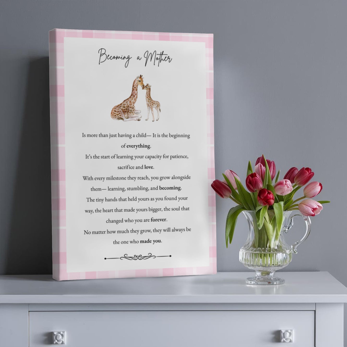 Gallery Wall Canvas - Becoming a Mother (Giraffe Pink Plaid)