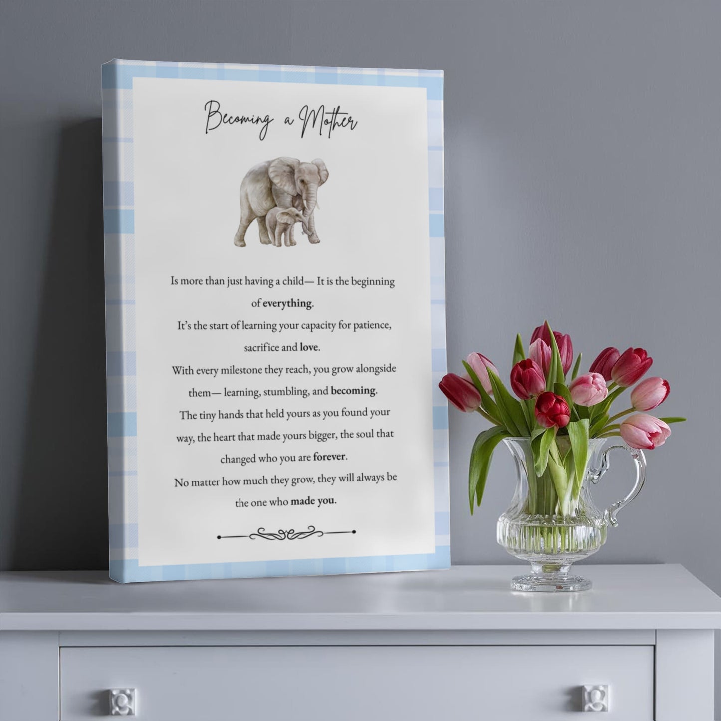 Gallery Wall Canvas - Becoming a Mother (Elephant Blue Plaid)