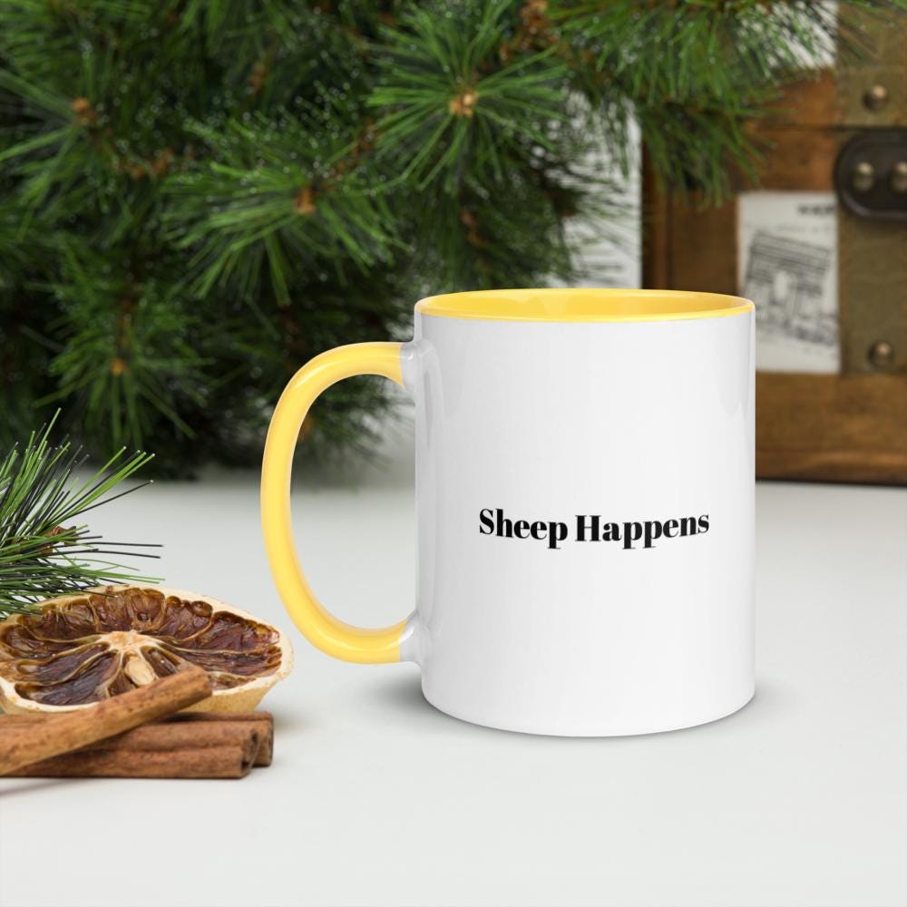 Mug - Sheep Happens - Gift for Sheep and Pun Lovers (White & Yellow)